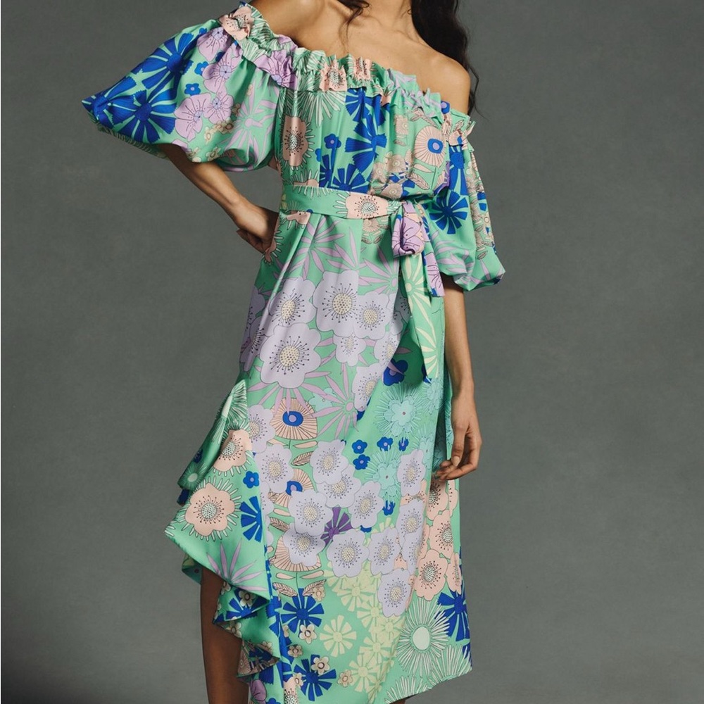 Anthropologie Blue and Green Asymmetrical Off-Shoulder Sundress
